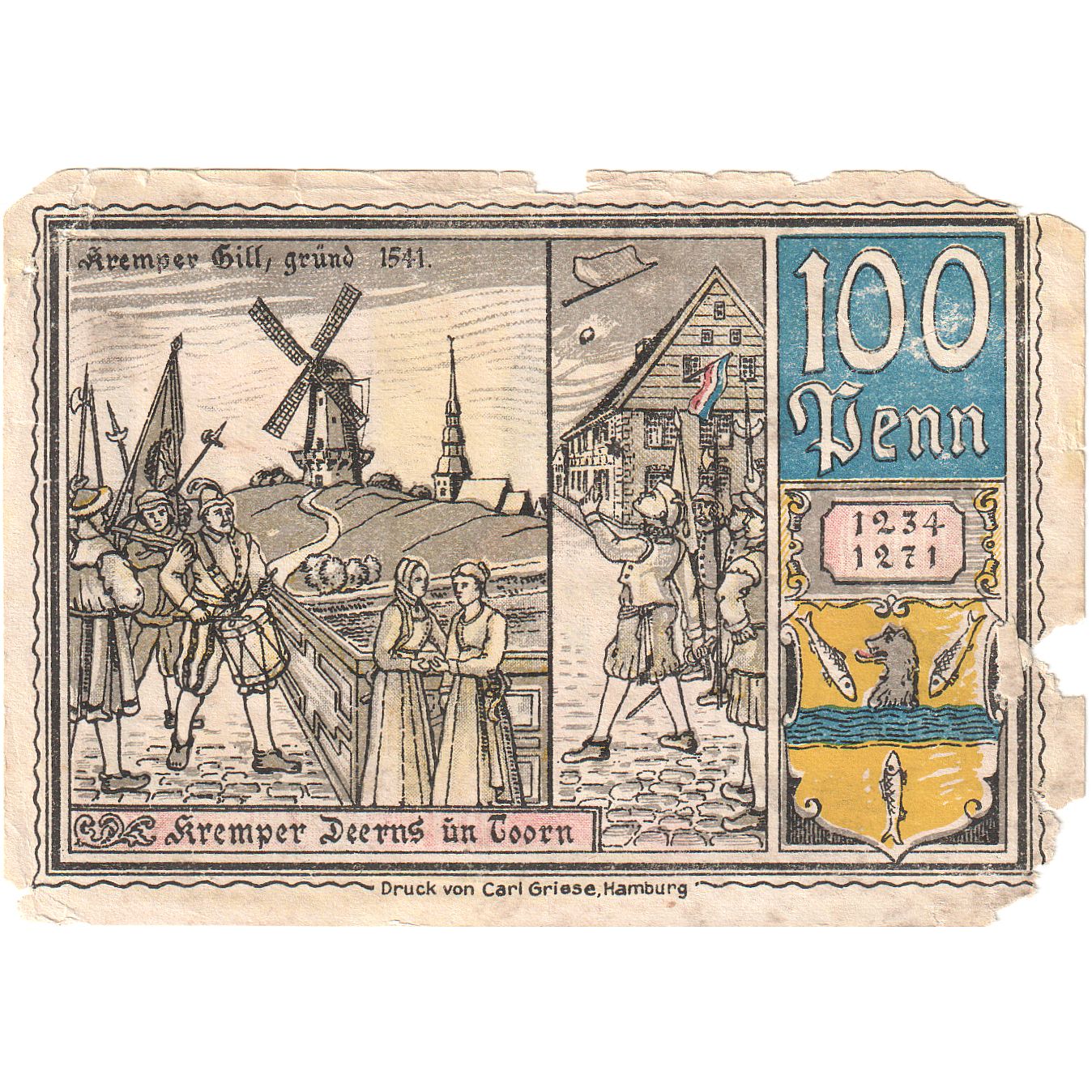 Billet, Allemagne, Krempe, 100 Pfennig, moulin, 1920, TTB+, Mehl:742.1a