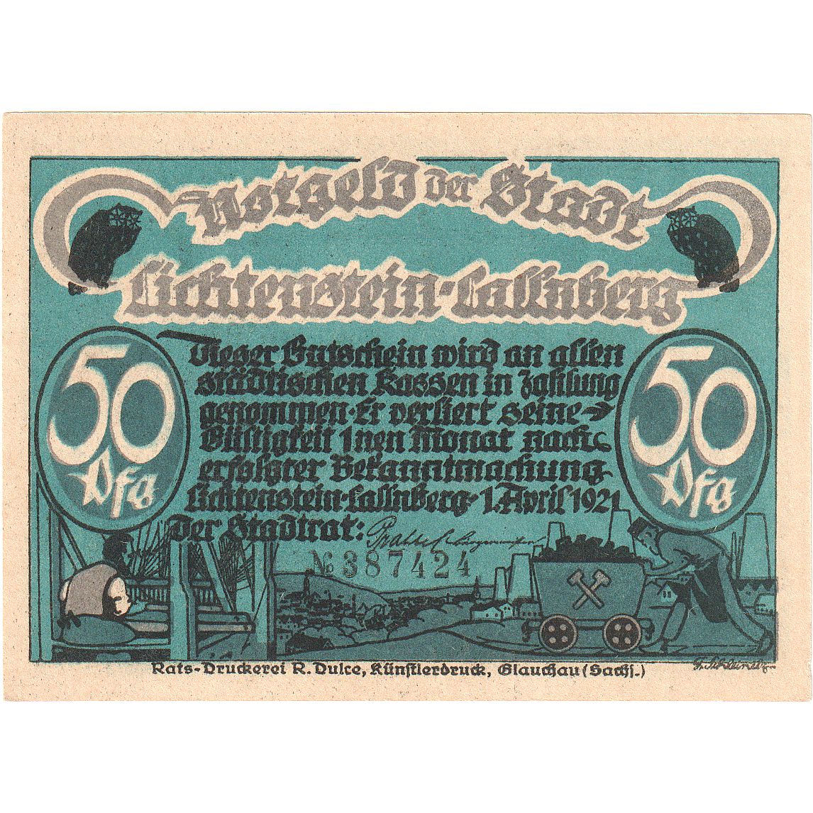Banknote, Germany, Lichtenstein Callnberg, 50 Pfennig, personnage, 1921
