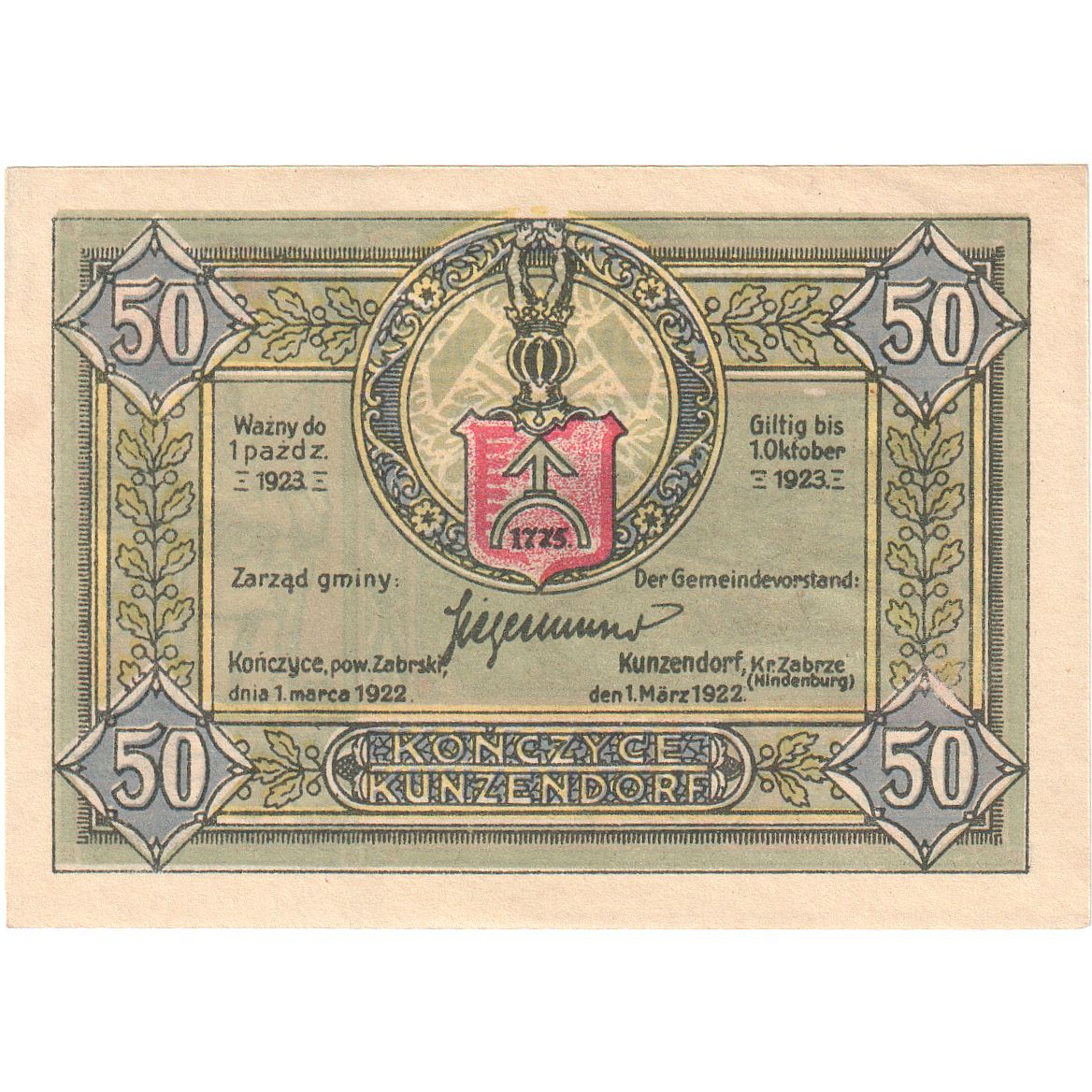 Banknote, Germany, Kunzendorf Gemeinde, 50 Pfennig, personnage, 1923