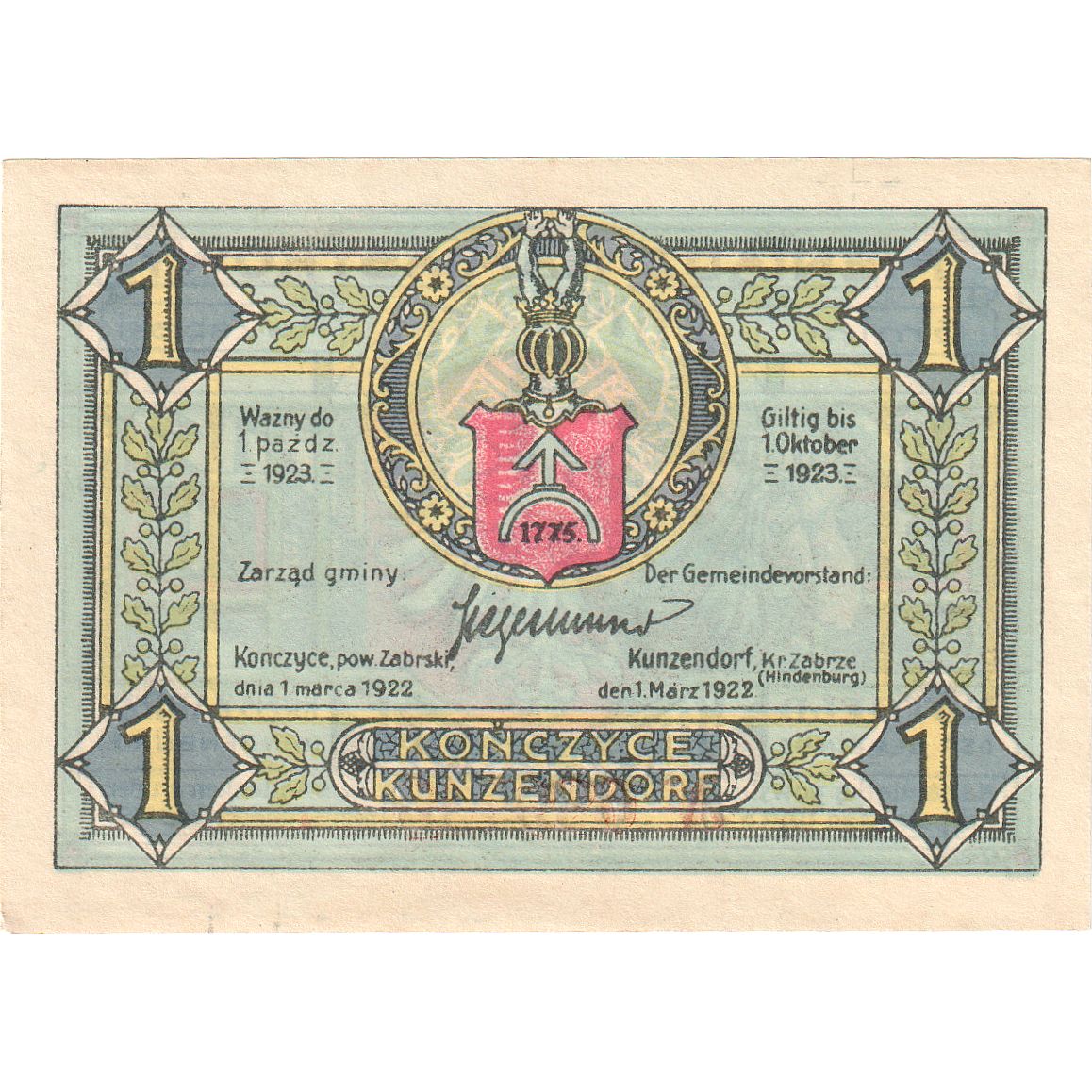 Banconote, Germania, Kunzendorf Gemeinde, 1 Mark, personnage, 1923, 1923-10-01