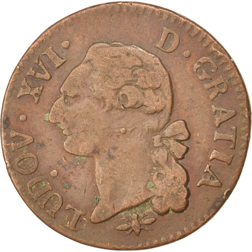 Coin, France, Louis XVI, Sol ou sou, Sol, 1791, Lyon, VF(30-35), Copper