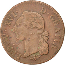 Moneta, Francia, Louis XVI, Sol ou sou, Sol, 1791, Lyon, MB+, Rame, KM:578.5