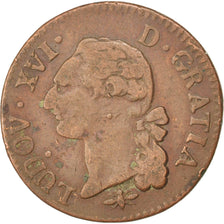 Coin, France, Louis XVI, Sol ou sou, Sol, 1791, Lyon, VF(30-35), Copper