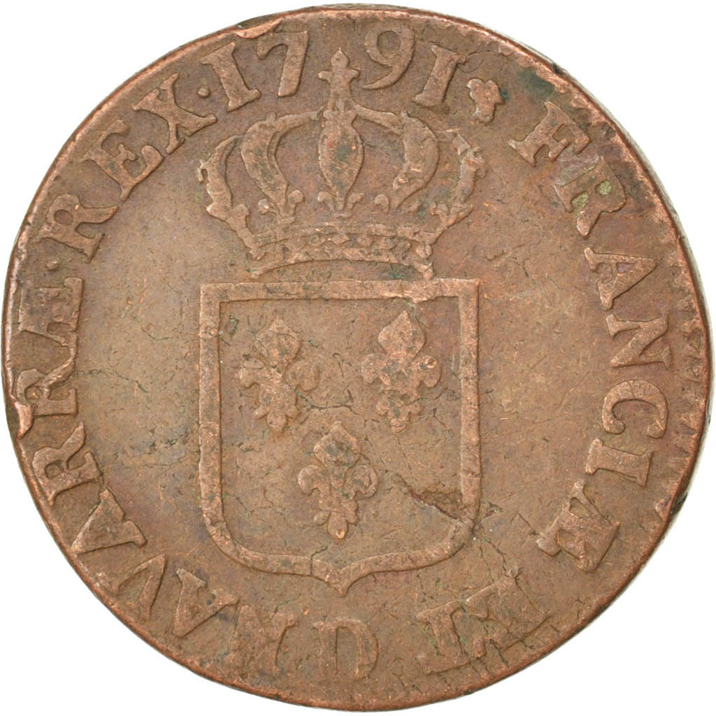 Coin, France, Louis XVI, Sol ou sou, Sol, 1791, Lyon, VF(30-35), Copper