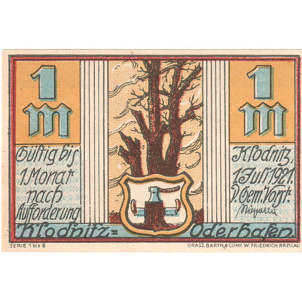Banconote, Germania, Klodnitz-Oderhafen Gemeinde, 1 Mark, personnage, 1921