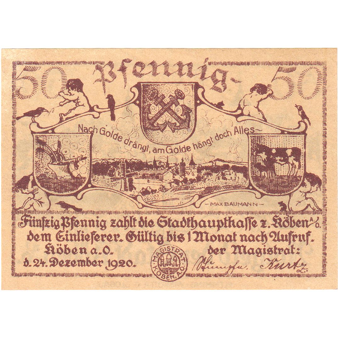 Banknote, Germany, Köben a. O, 50 Pfennig, village, 1920, 1920-12-24