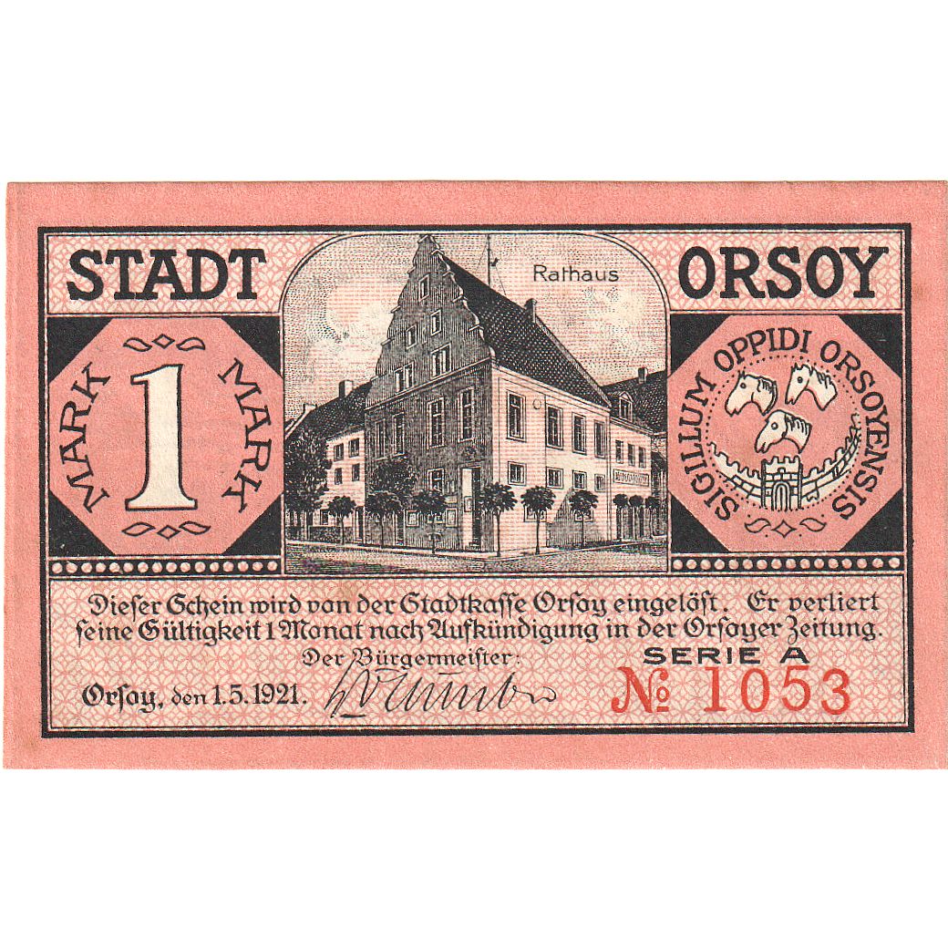 Banknote, Germany, Orsoy Stadt, 1 Mark, paysage, 1921, 1921-05-01, UNC(65-70)