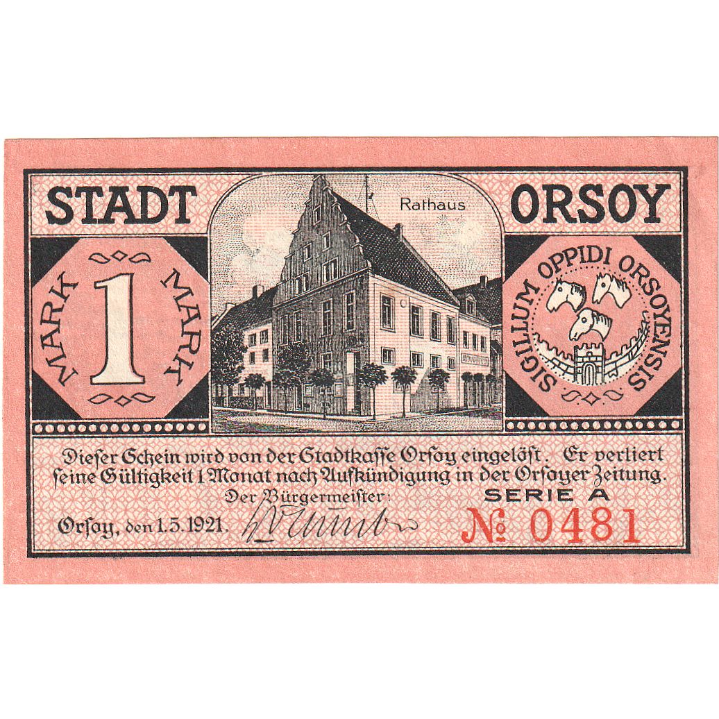 Banknote, Germany, Orsoy Stadt, 1 Mark, paysage 1, 1921, 1921-05-01, UNC(65-70)