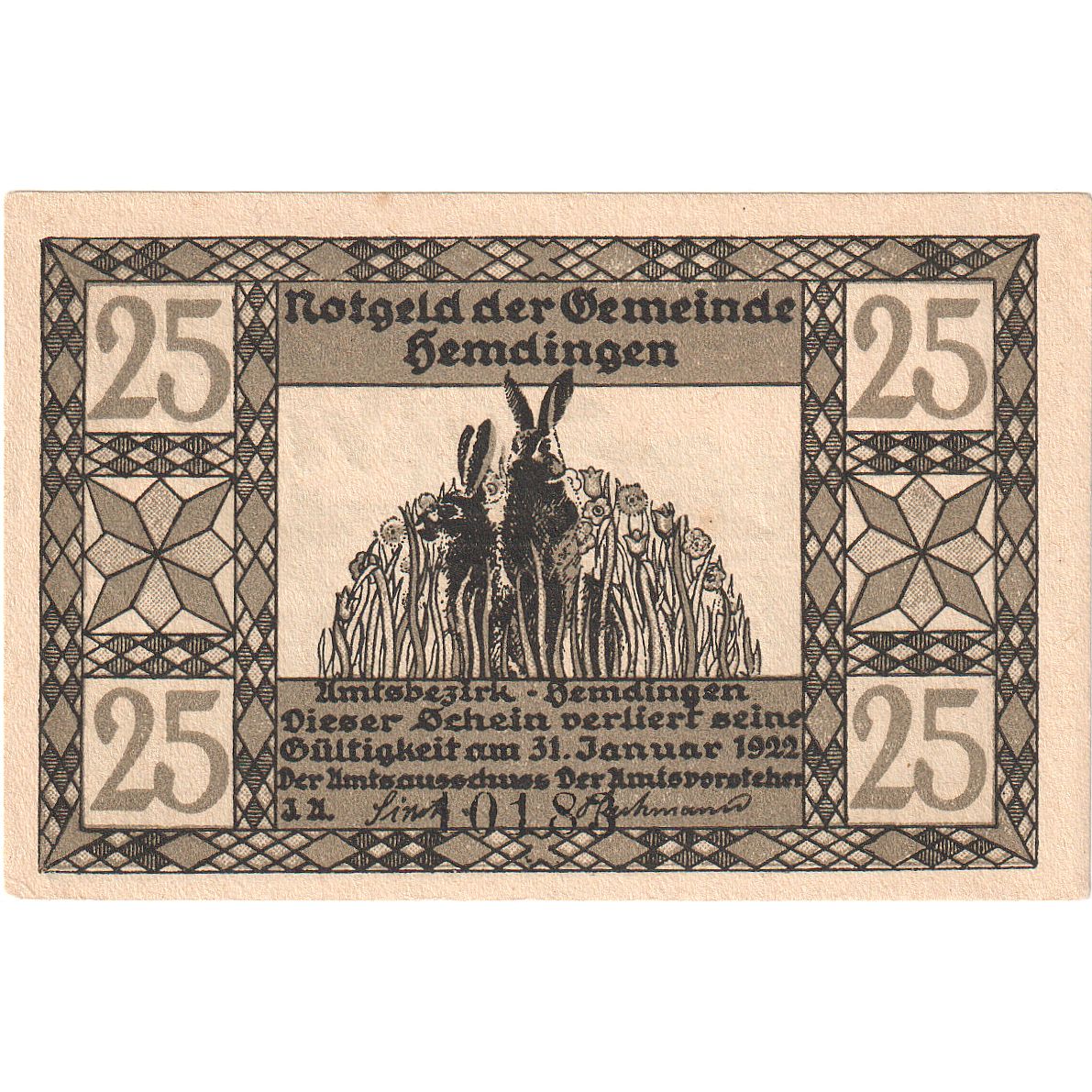 Banknote, Germany, Hemdingen Gemeinde, 25 Pfennig, Animaux, 1922, 1922-01-31