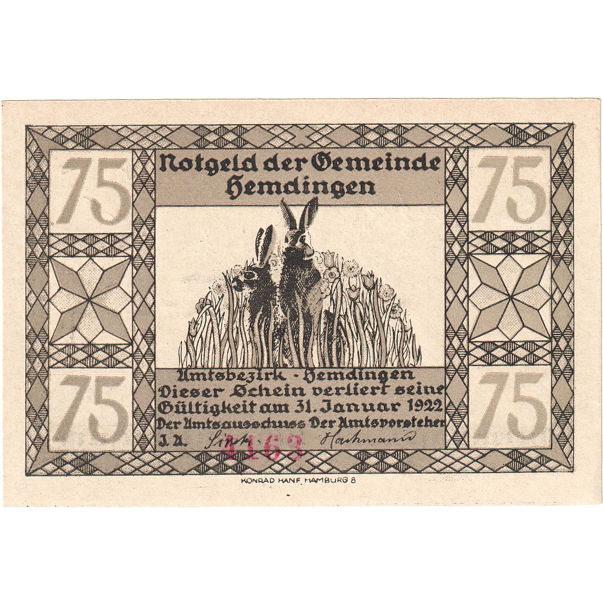 Banknote, Germany, Hemdingen Gemeinde, 75 Pfennig, Animaux, 1922, 1922-01-31