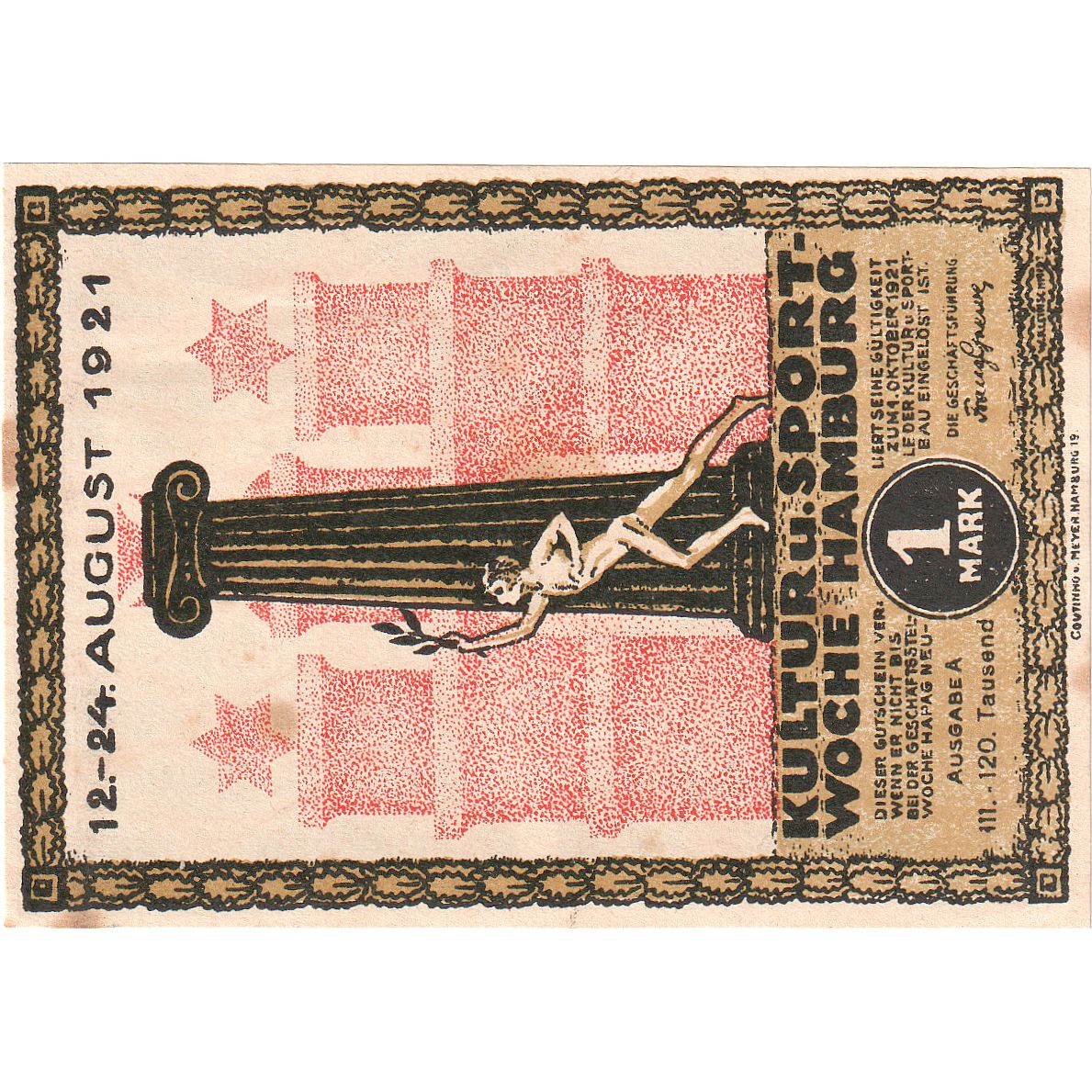 Banknote, Germany, Hamburg, 1 Mark, statue, 1921, 1921-08-12, UNC(65-70)