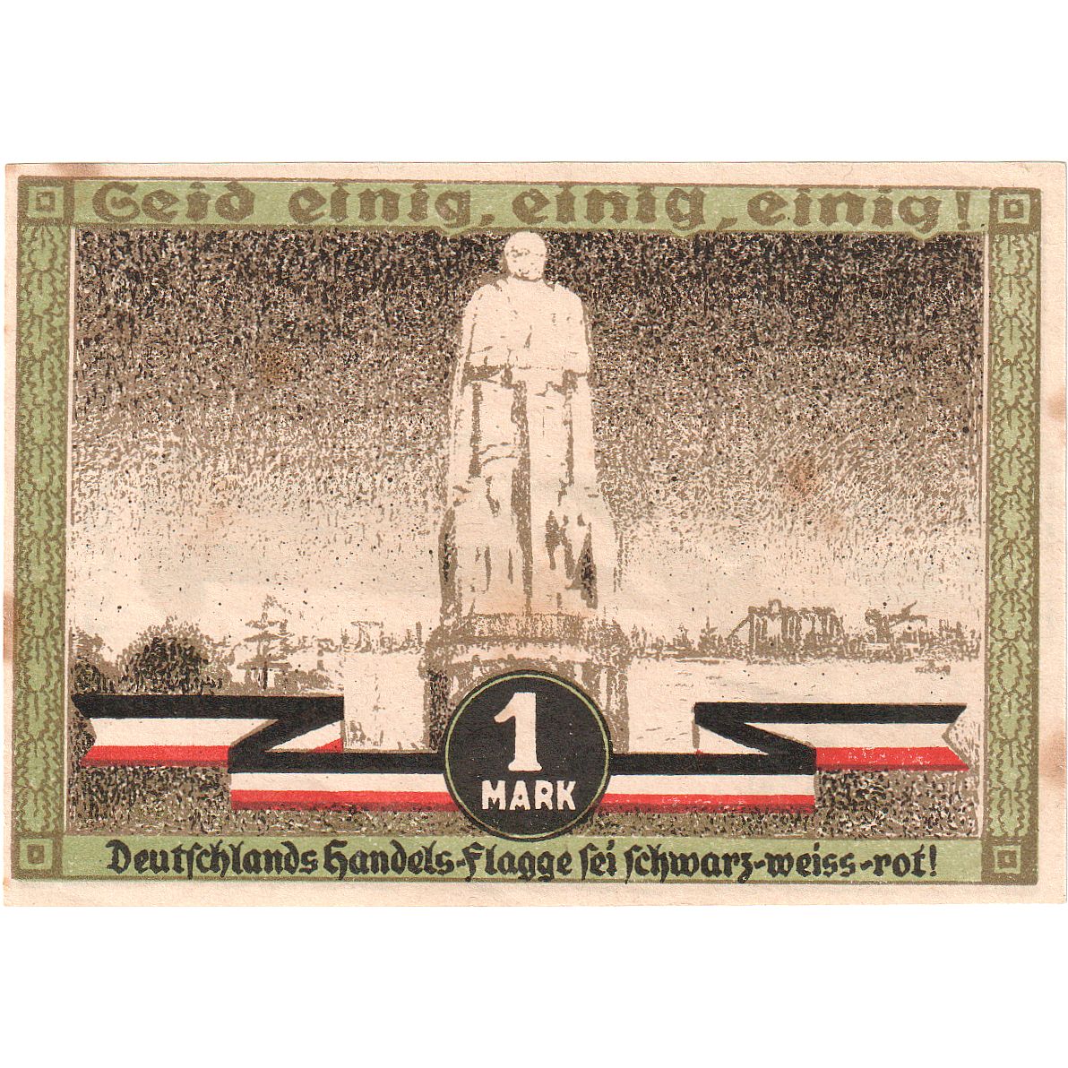 Banknote, Germany, Hamburg, 1 Mark, statue, 1921, 1921-08-12, UNC(65-70)