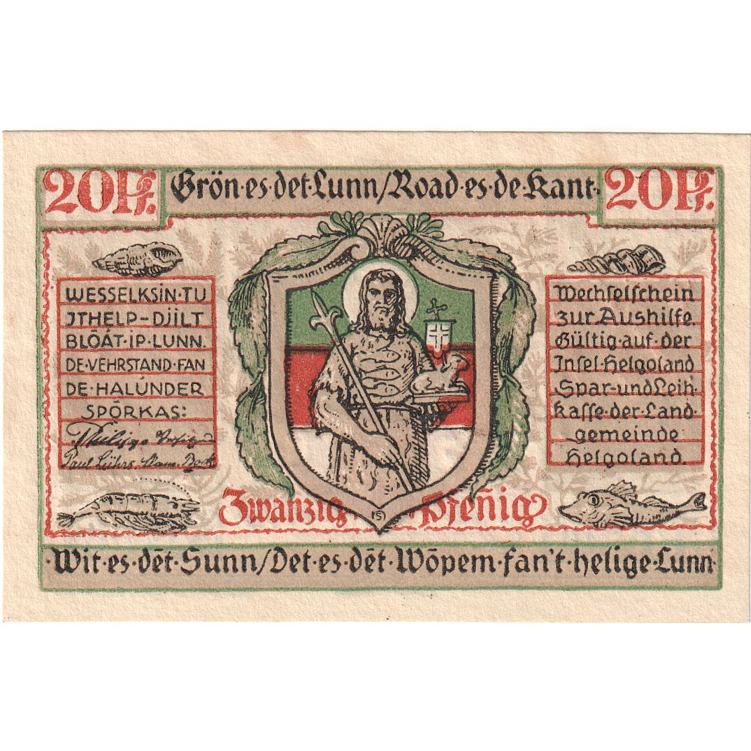 Banknote, Germany, Helgoland, 20 Pfennig, personnage, 1921, UNC(65-70)