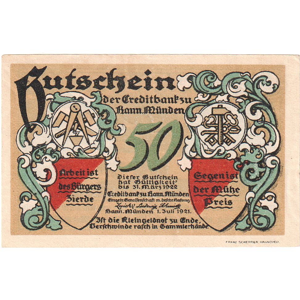 Billet, Allemagne, Hann. Münden, 50 Pfennig, paysage, 1921, 1921-07-01, SPL
