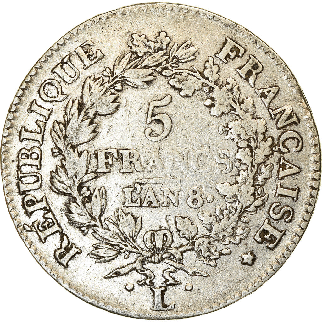 Monnaie, France, Union et Force, 5 Francs, AN 8, Bayonne, TB+, Argent