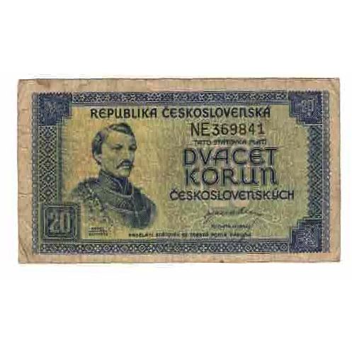 Banknote, Czechoslovakia, 20 Korun, undated (1945), KM:61a, VG(8-10)