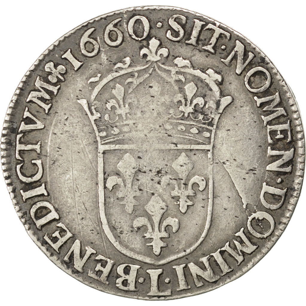 FRANCE, 1/2 Écu à la mèche longue, 1/2 ECU, 1660, Bayonne, KM #164.12, VF(30-35)