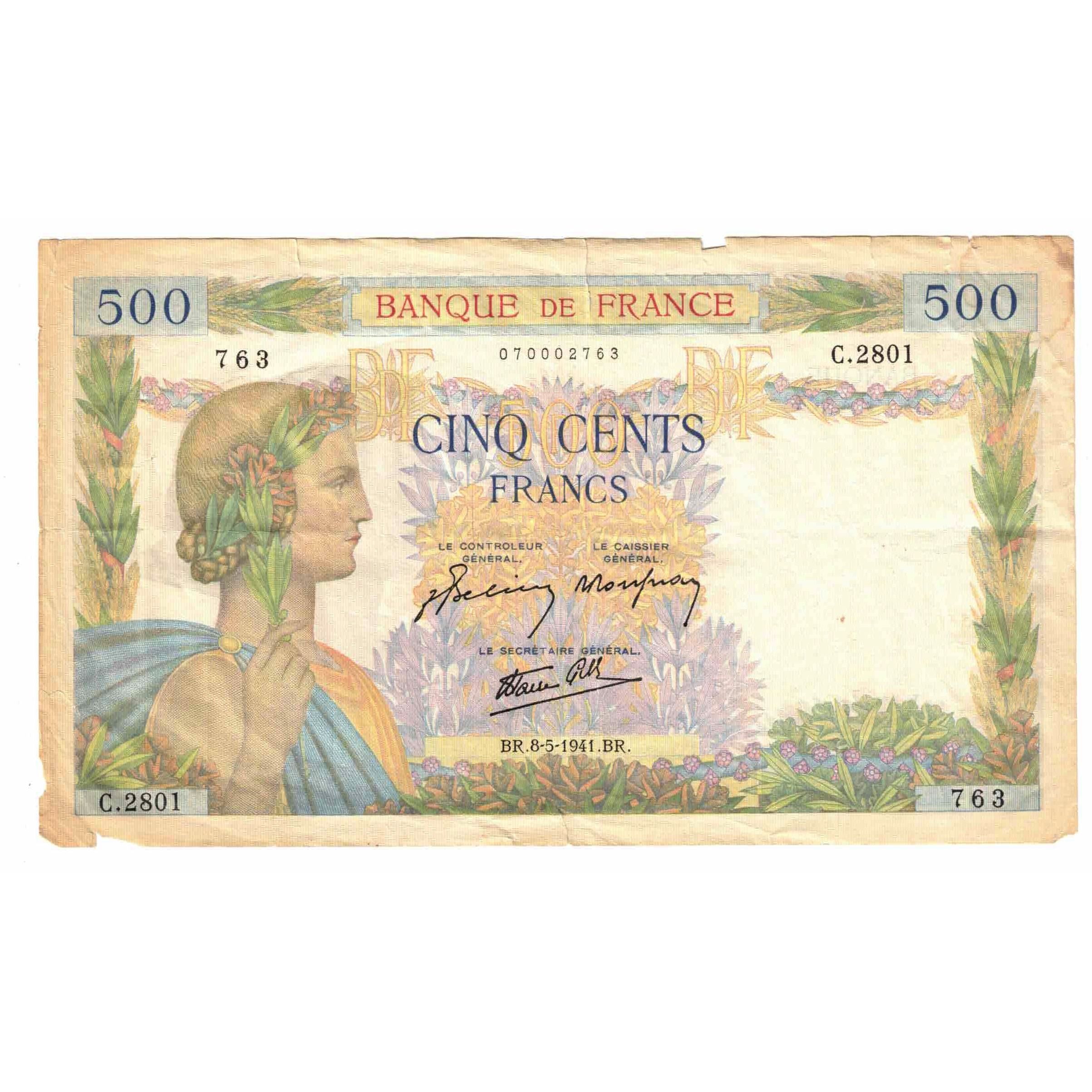 Frankrijk, 500 Francs, La Paix, 1941, C.2801, TB, Fayette:32.16, KM:95a