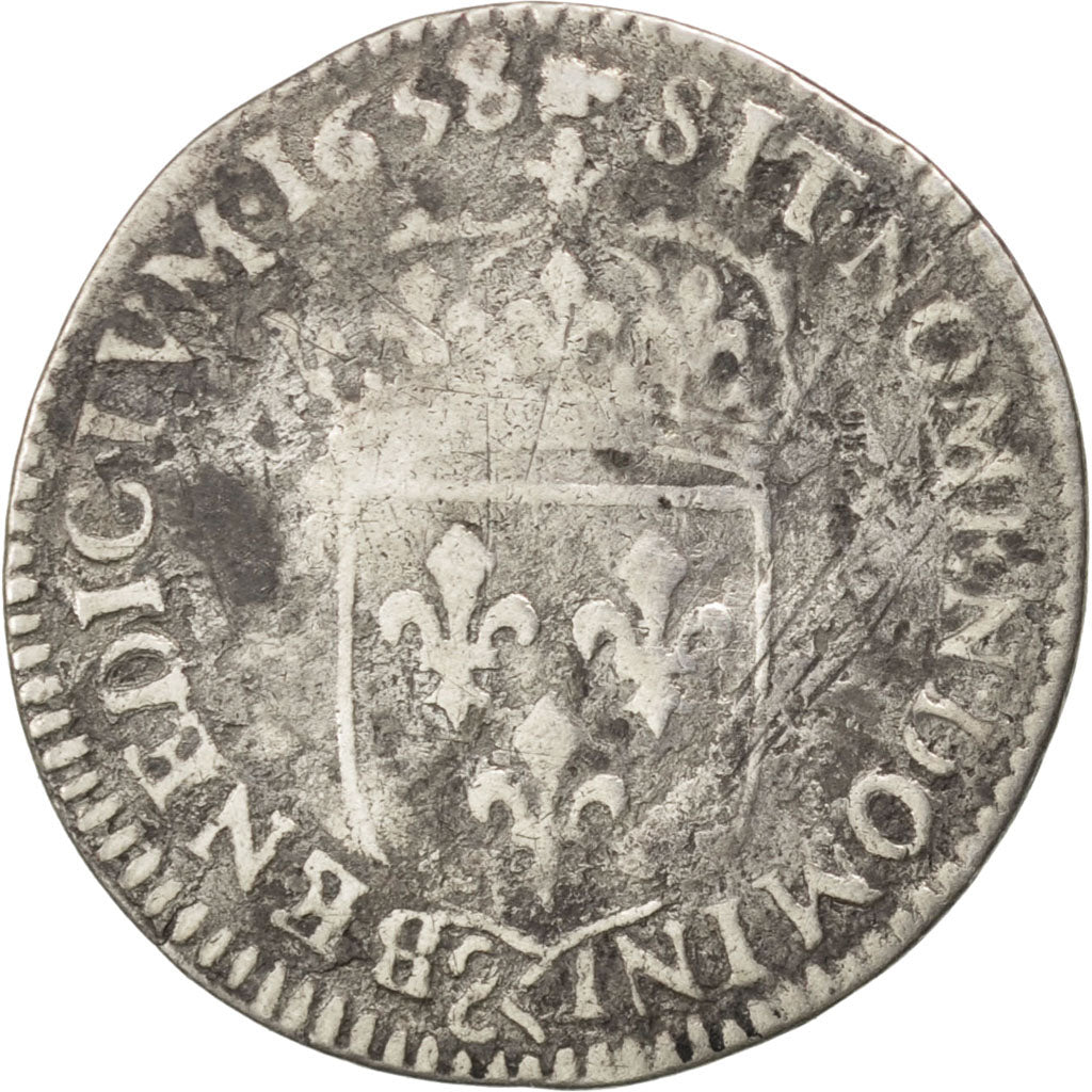 FRANCE, 1/12 Écu à la mèche longue, 1/12 ECU, 10 Sols, 1658, Aix, KM #166.22, VF