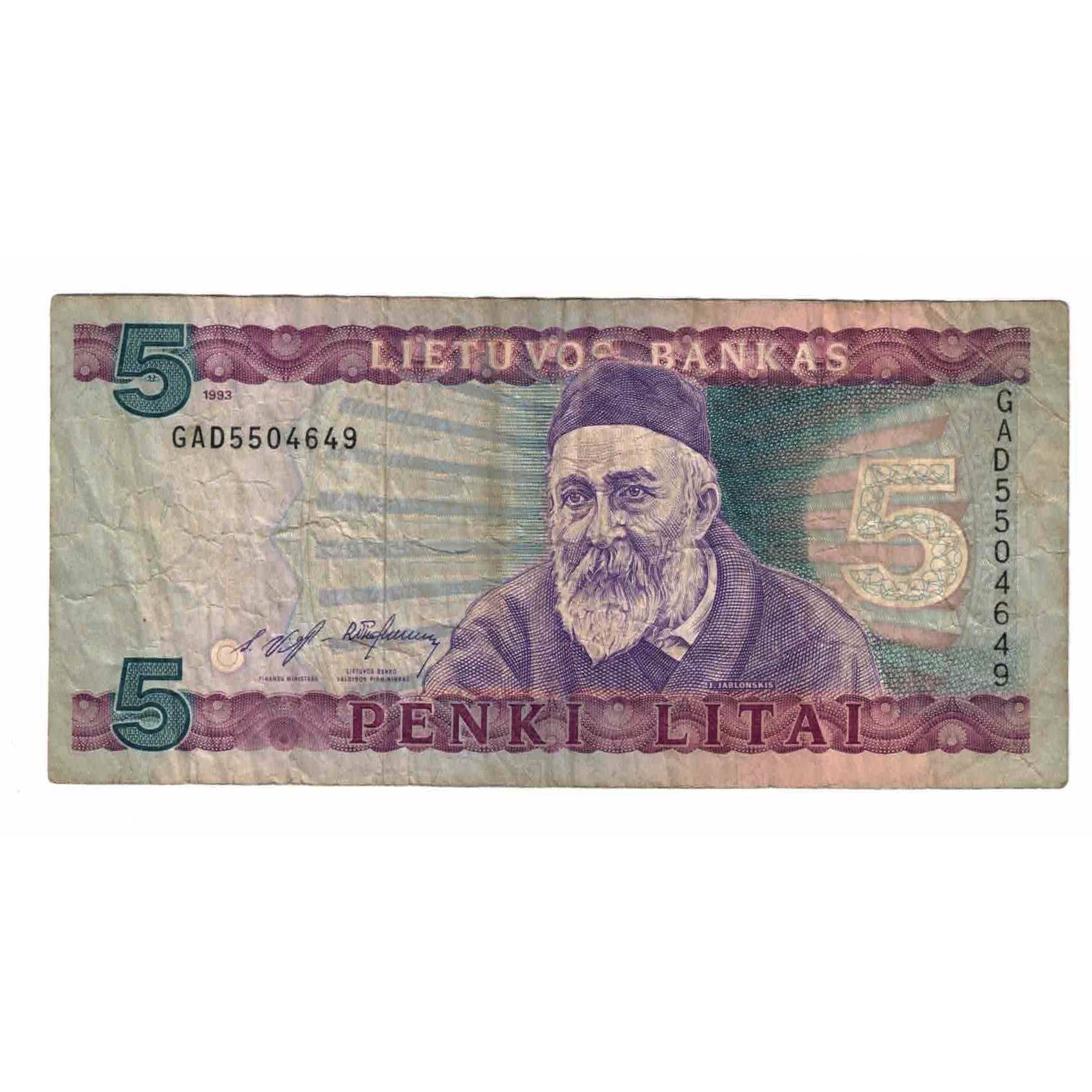 Banknot, Litwa, 5 Litai, 1993, KM:55a, VF(20-25)