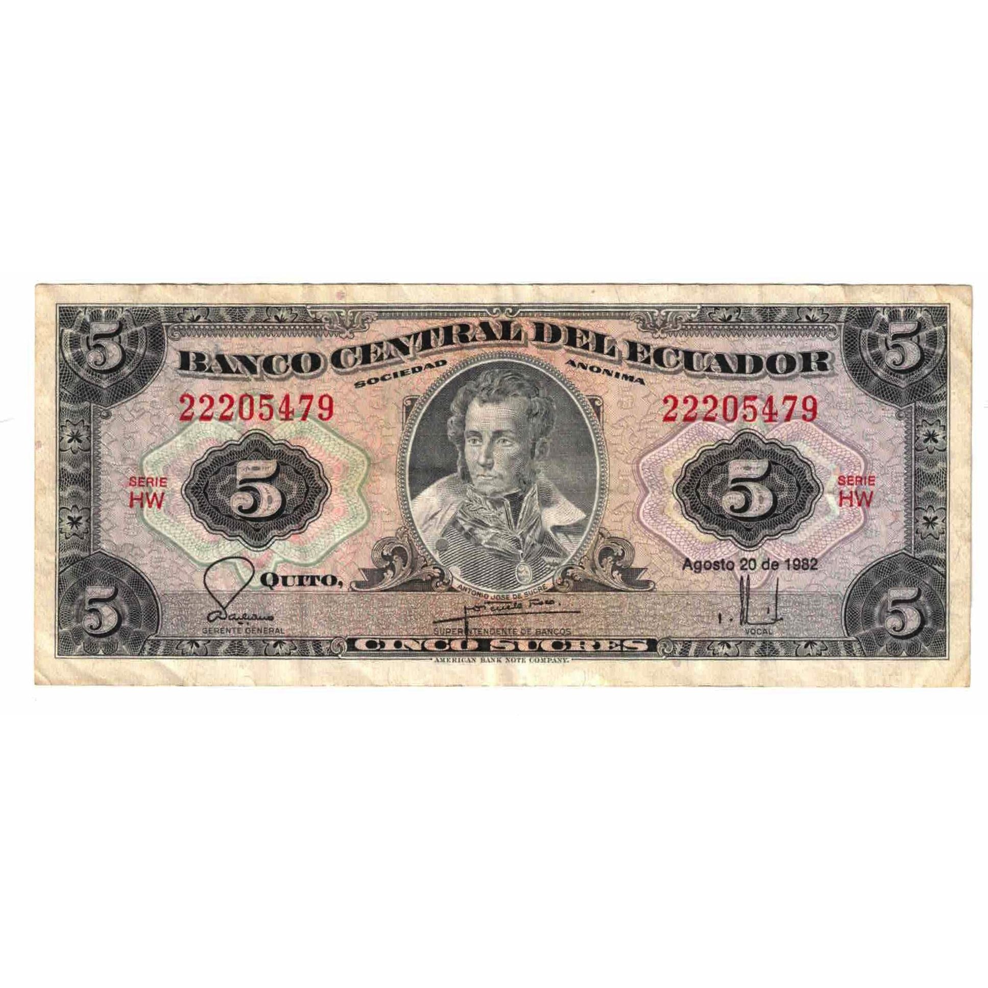 Banknote, Ecuador, 5 Sucres, 1982, 1982-08-20, KM:108b, EF(40-45)