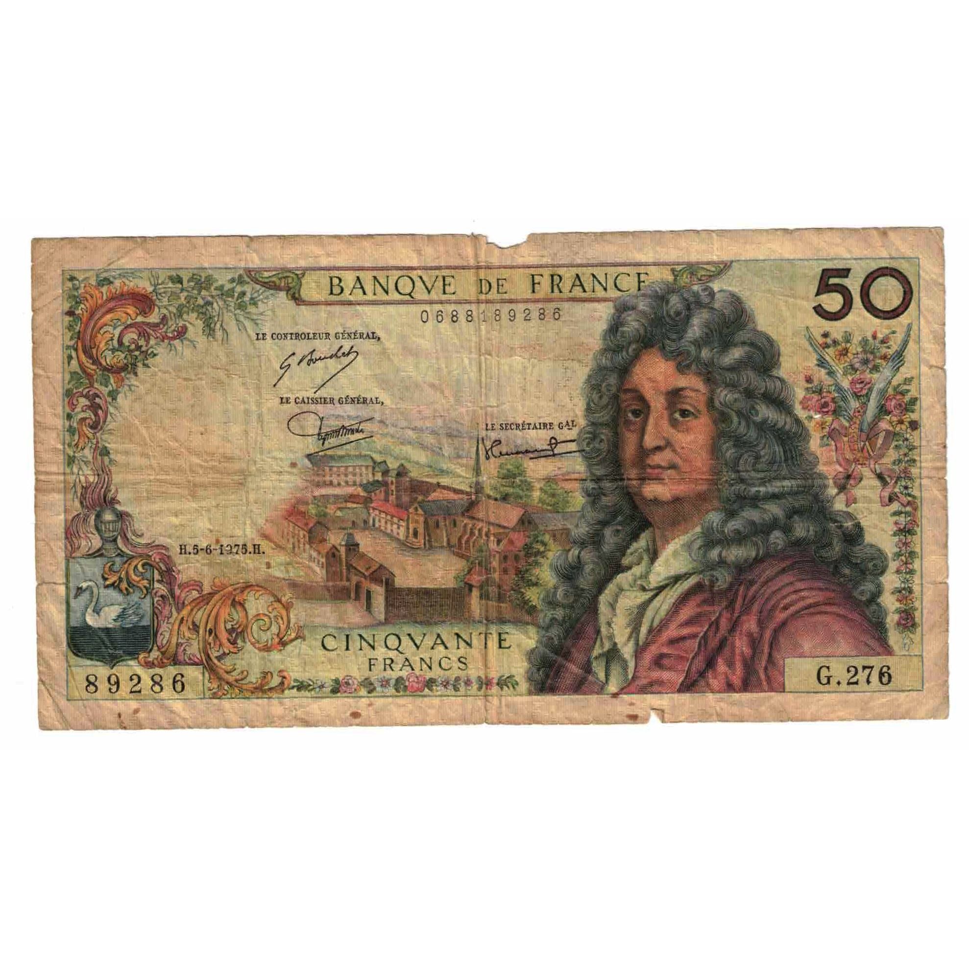 France, 50 Francs, Racine, 1975, G.276, VG(8-10), Fayette:64.30, KM:148e