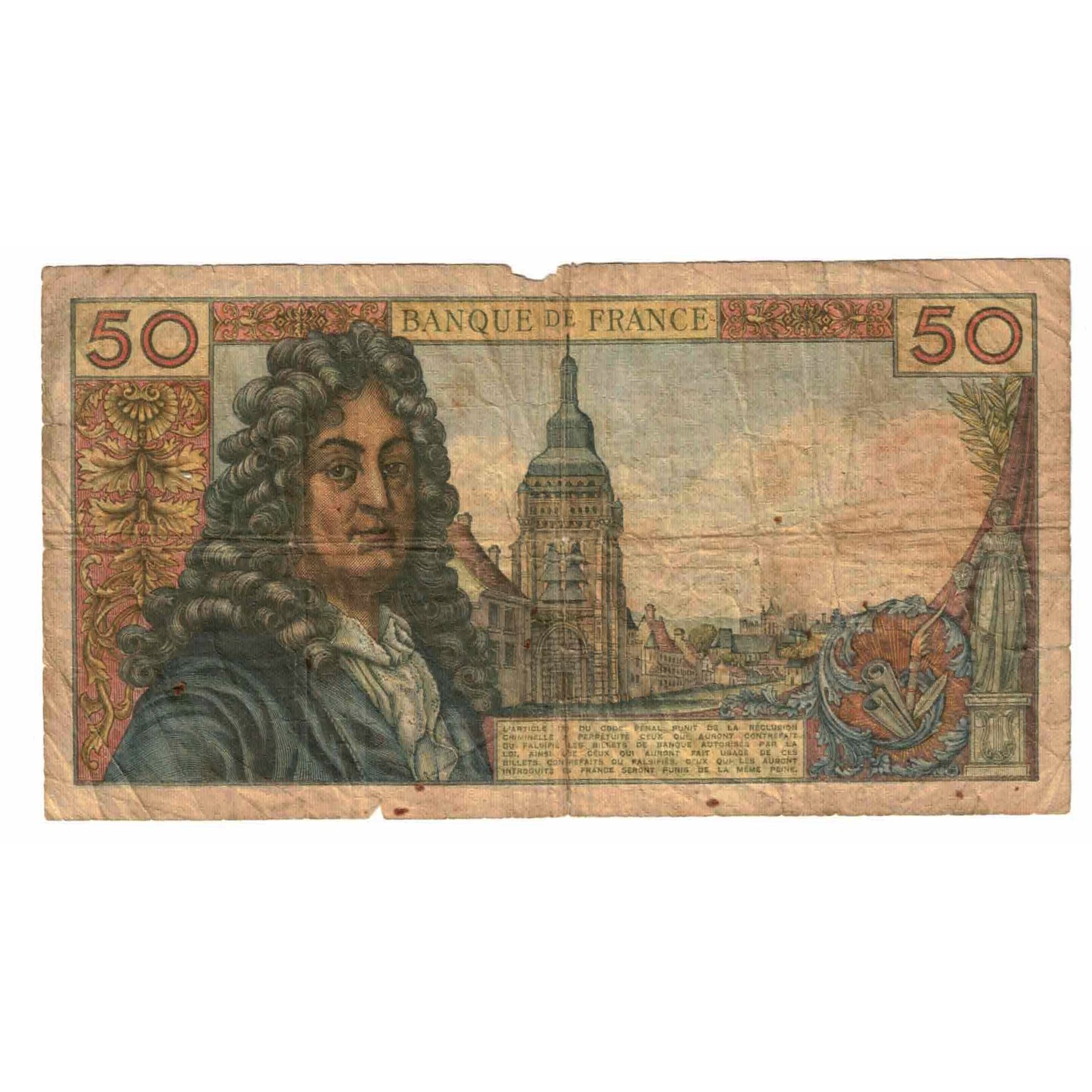 France, 50 Francs, Racine, 1975, G.276, VG(8-10), Fayette:64.30, KM:148e