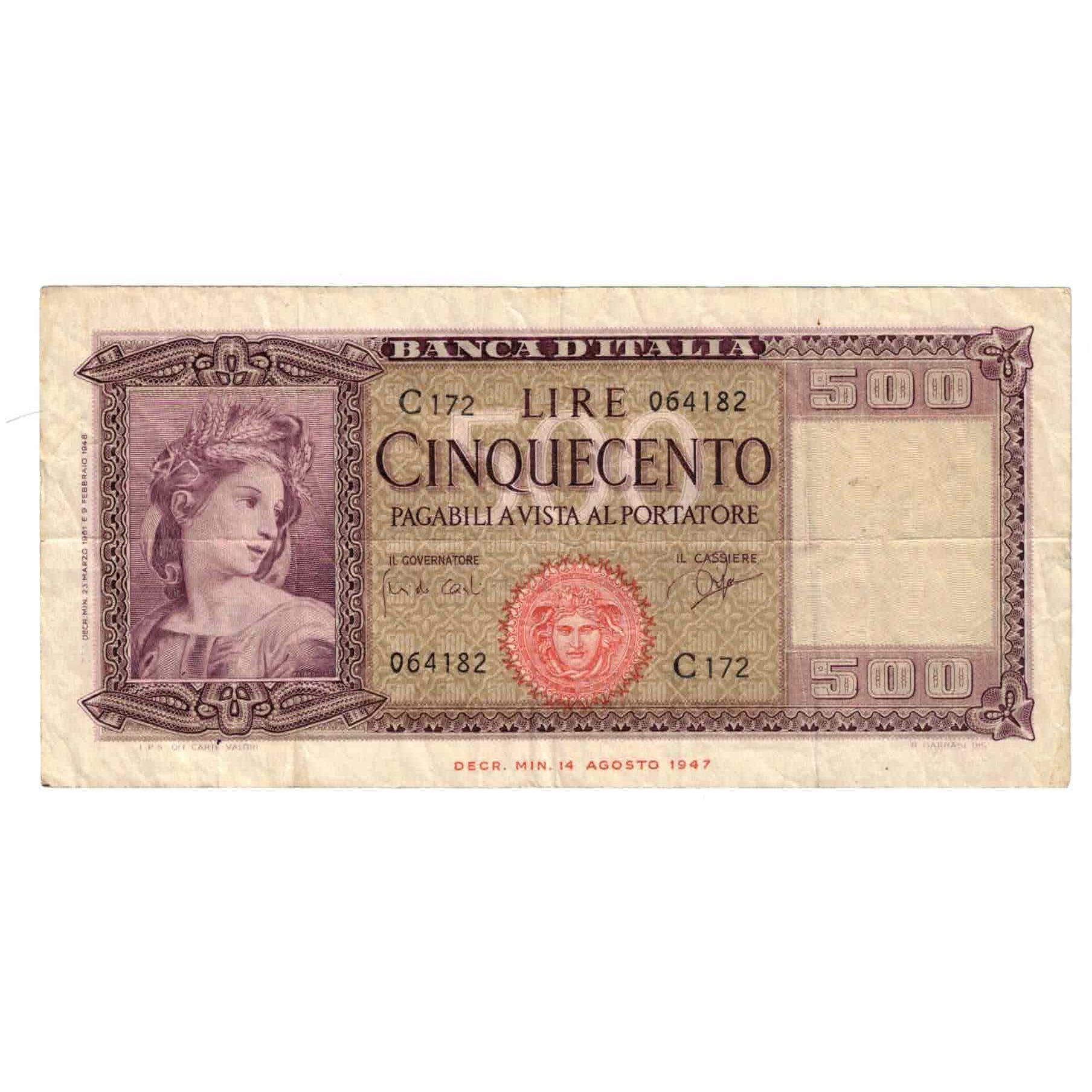 Banknote, Italy, 500 Lire, 1947, 1947-08-14, KM:80a, VF(20-25)