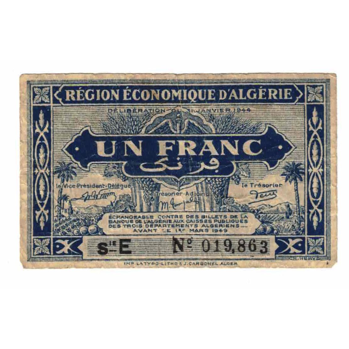 Banknote, Algeria, 1 Franc, 1944, 1944-01-31, KM:101, EF(40-45)