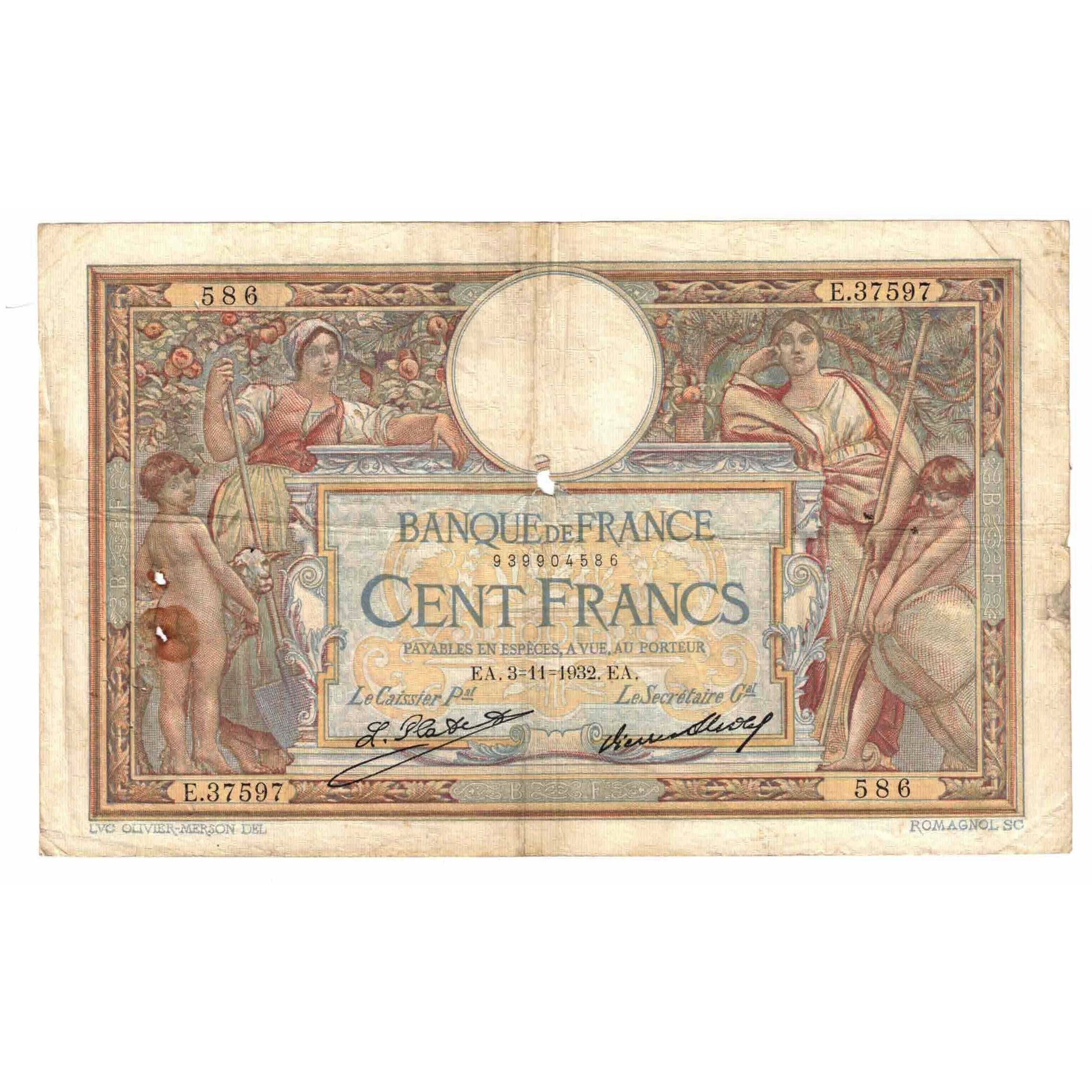 France, 100 Francs, Luc Olivier Merson, 1932, E.37597, VG(8-10), Fayette:24.11
