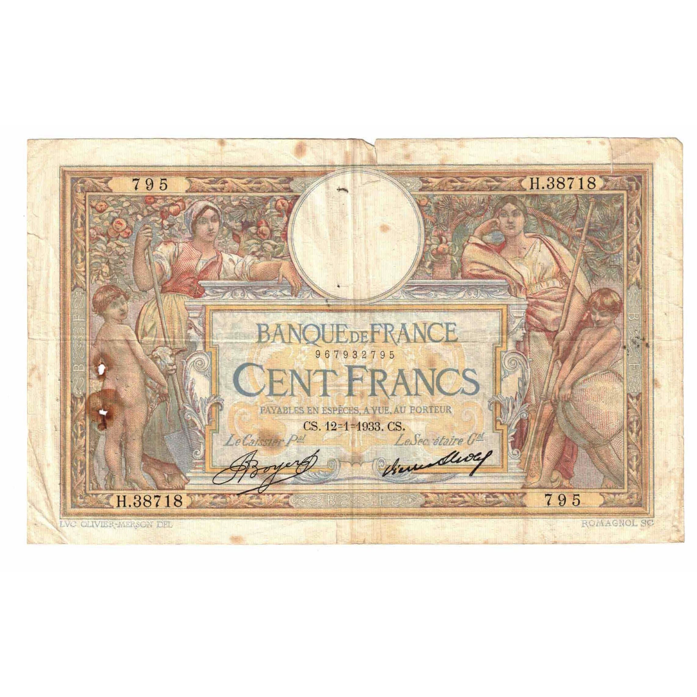 France, 100 Francs, Luc Olivier Merson, 1933, H.38718, VG(8-10), Fayette:24.12