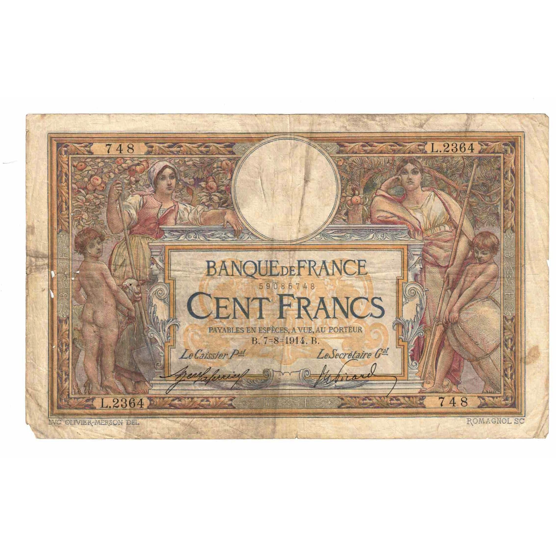 France, 100 Francs, Luc Olivier Merson, 1914, L.2364, B, Fayette:23.6, KM:71a