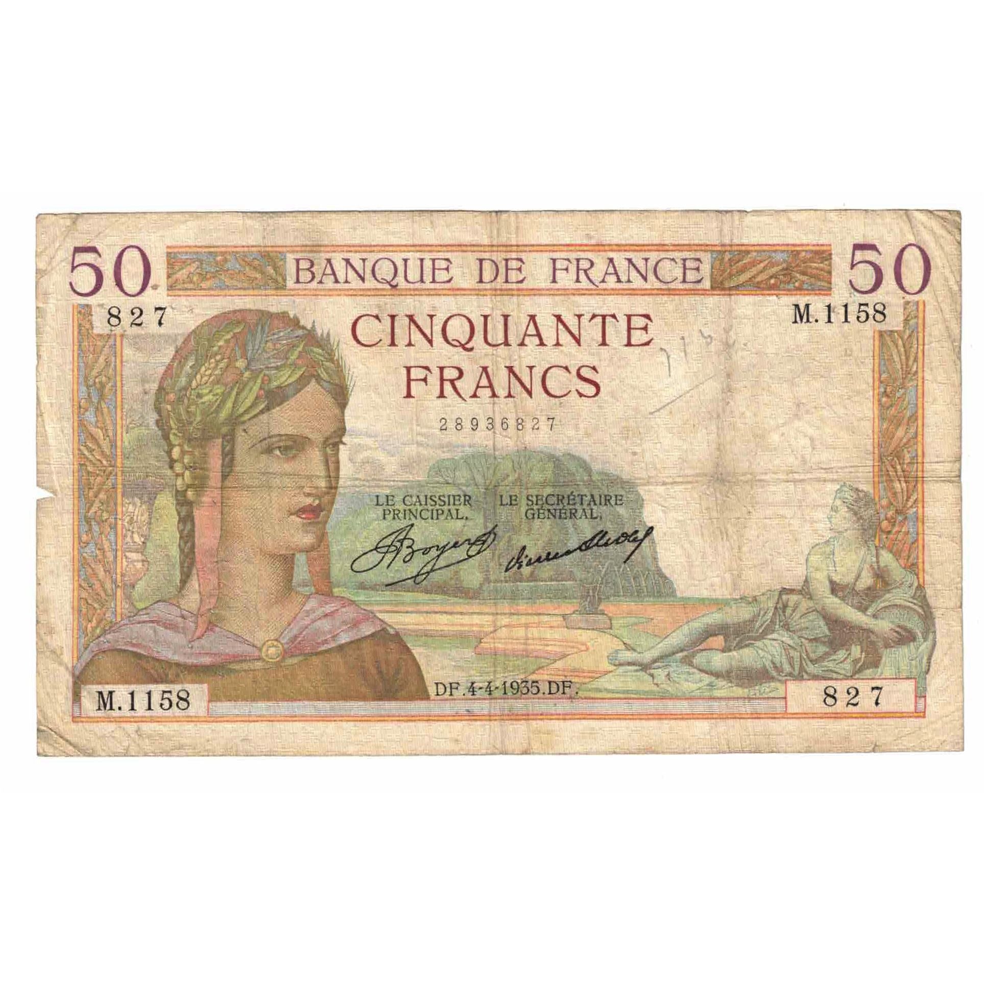 France, 50 Francs, Cérès, 1935, M.1158, B, Fayette:17.7, KM:81