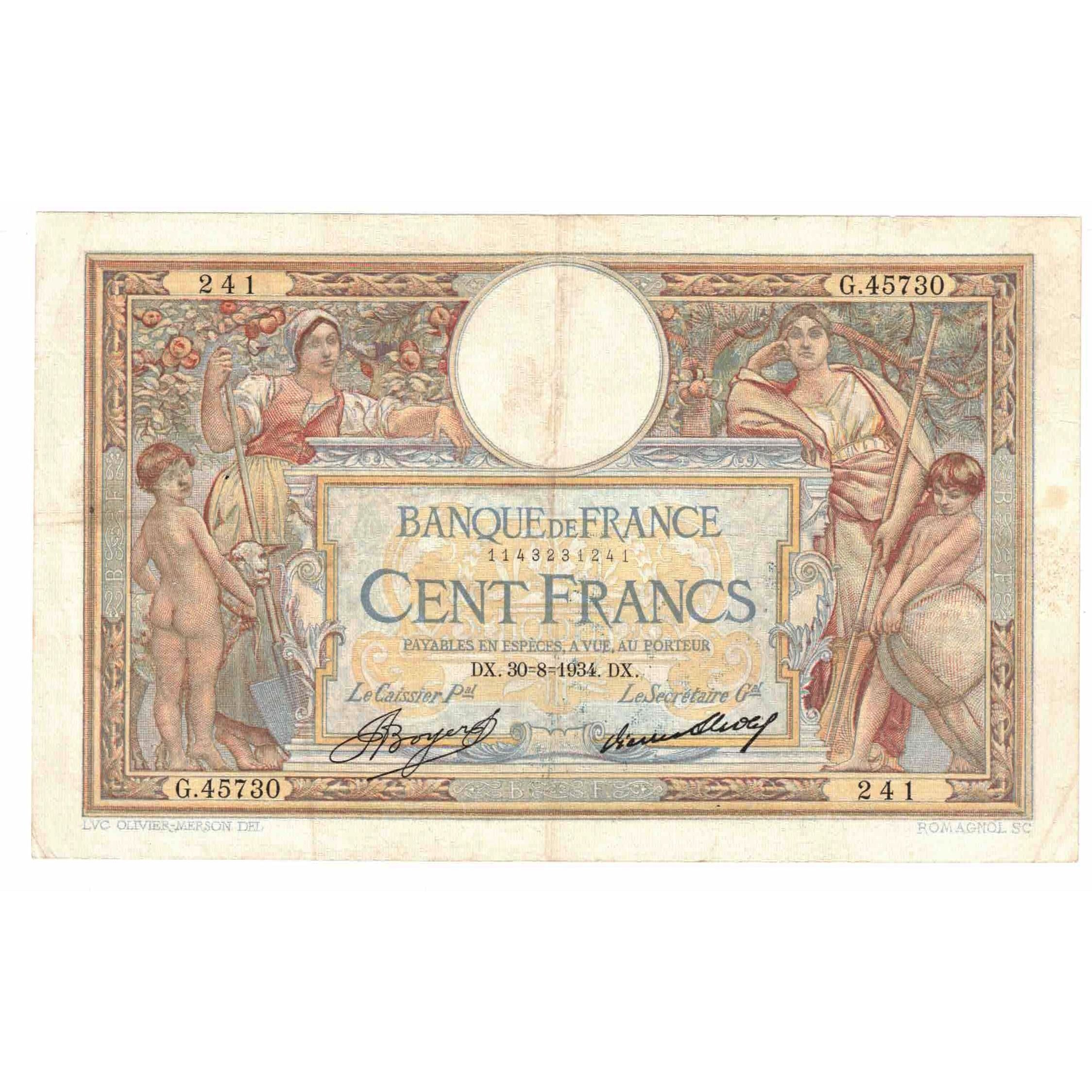 Francja, 100 Francs, Luc Olivier Merson, 1934, G.45730, EF(40-45)