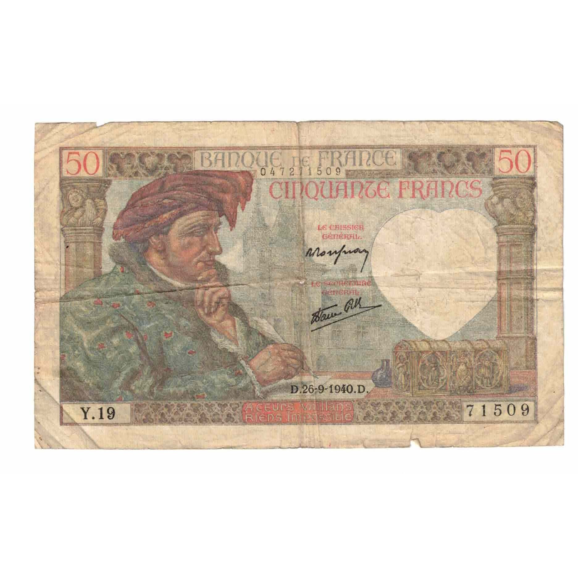França, 50 Francs, Jacques Coeur, 1940, Y.19, VG(8-10), Fayette:19.3, KM:93