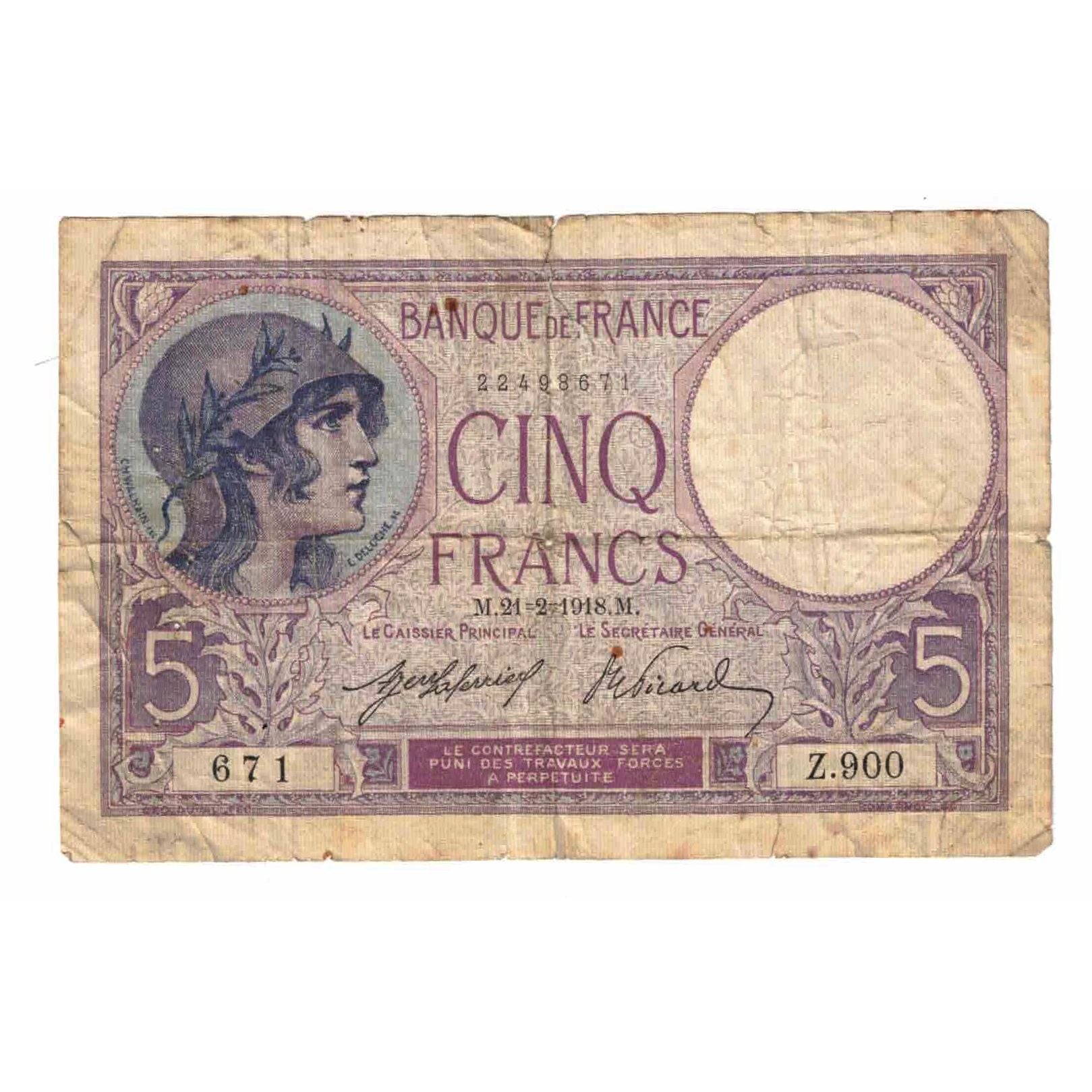 France, 5 Francs, Violet, 1918, Z.900, VF(20-25), Fayette:3.2, KM:72a