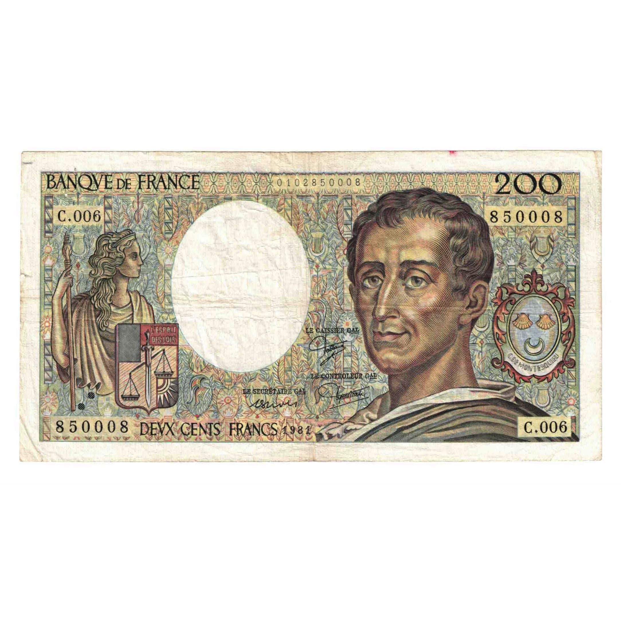 Francja, 200 Francs, Montesquieu, 1981, C.006, VF(20-25), Fayette:70.1, KM:155a