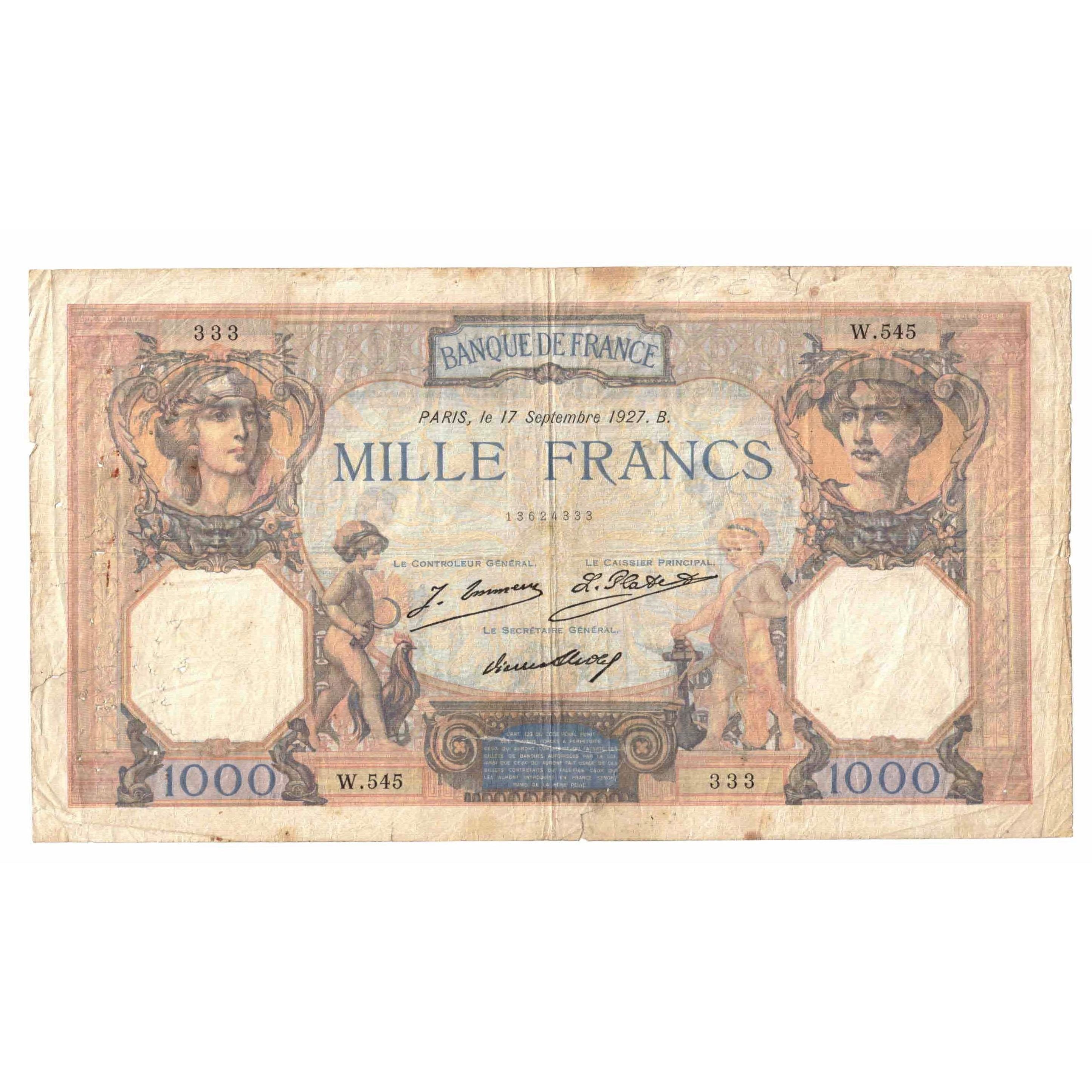 França, 1000 Francs, Cérès et Mercure, 1927, W.545, VG(8-10), Fayette:37.1