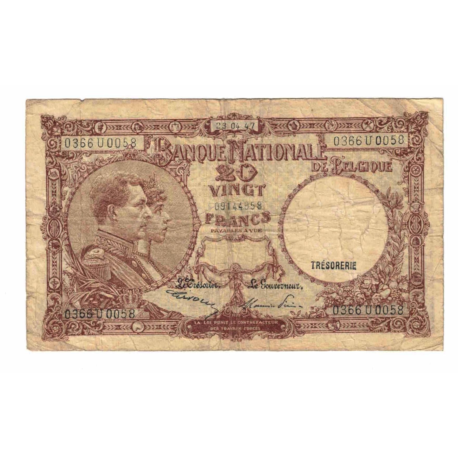 Banknote, Belgium, 20 Francs, 1947, 1947-04-23, KM:111, VF(20-25)