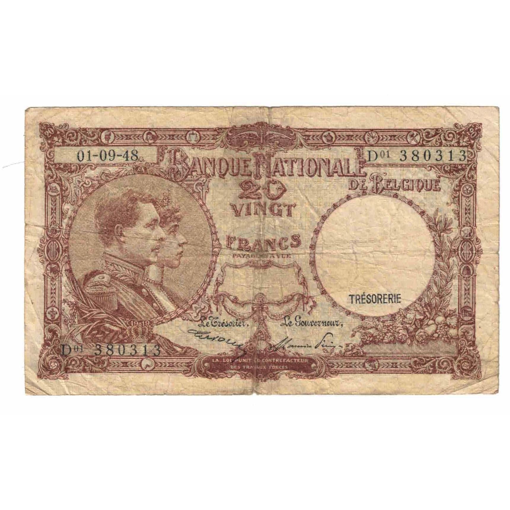 Banknote, Belgium, 20 Francs, 1948, 1948-09-01, KM:116, VG(8-10)