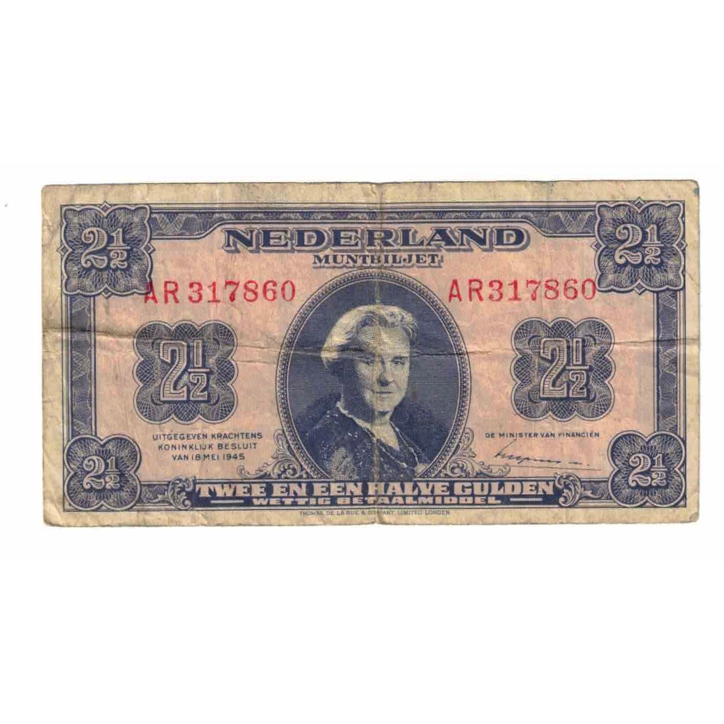 Banknote, Netherlands, 2 1/2 Gulden, 1945, 1945-05-18, KM:71, VF(20-25)