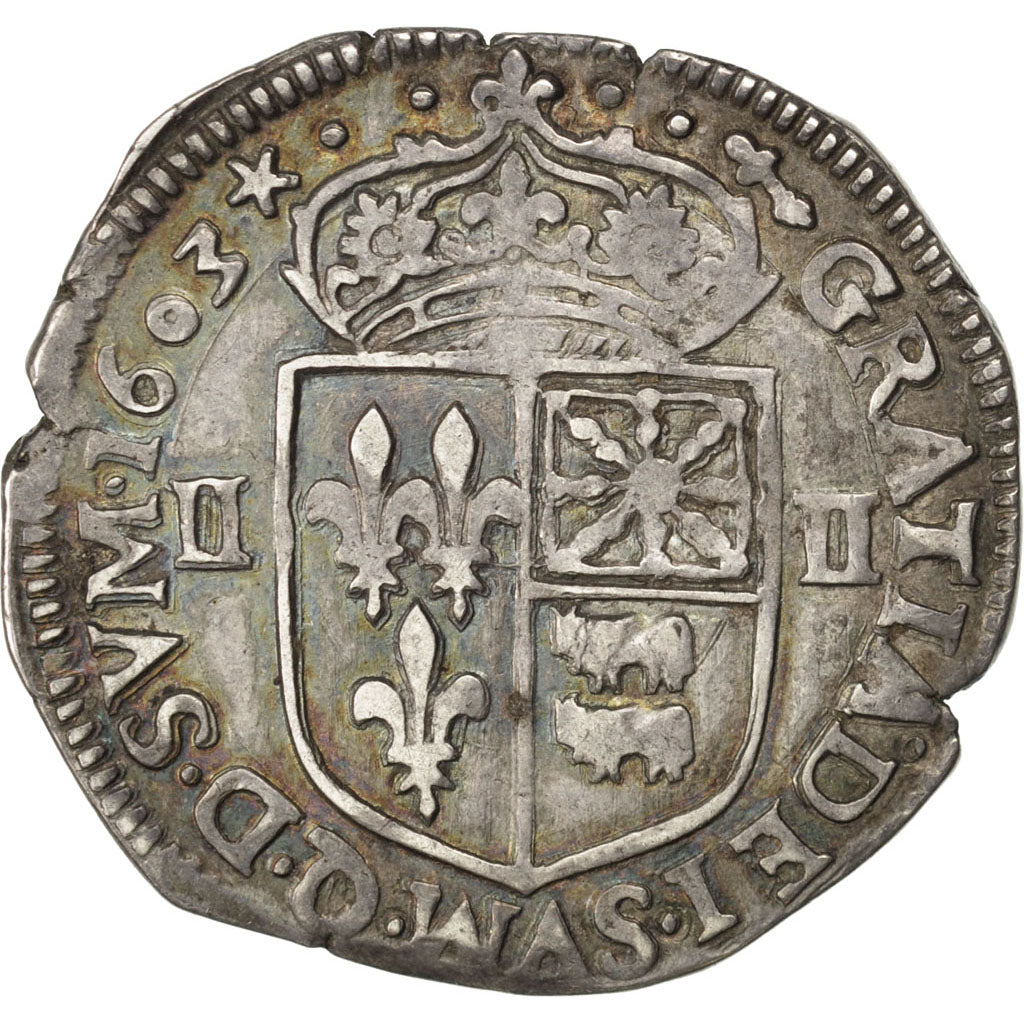 FRANCE, 1/4 ECU, 1603, Morlaas, KM #1.2, AU(50-53), Silver, Sombart #4706, 9.52