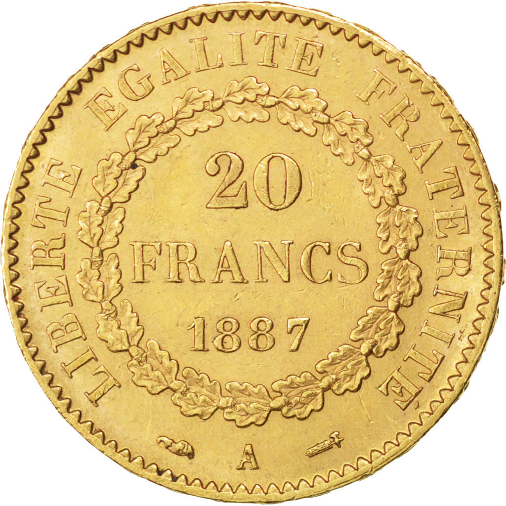 FRANCE, Génie, 20 Francs, 1887, Paris, KM #825, AU(55-58), Gold, Gadoury #1063, 