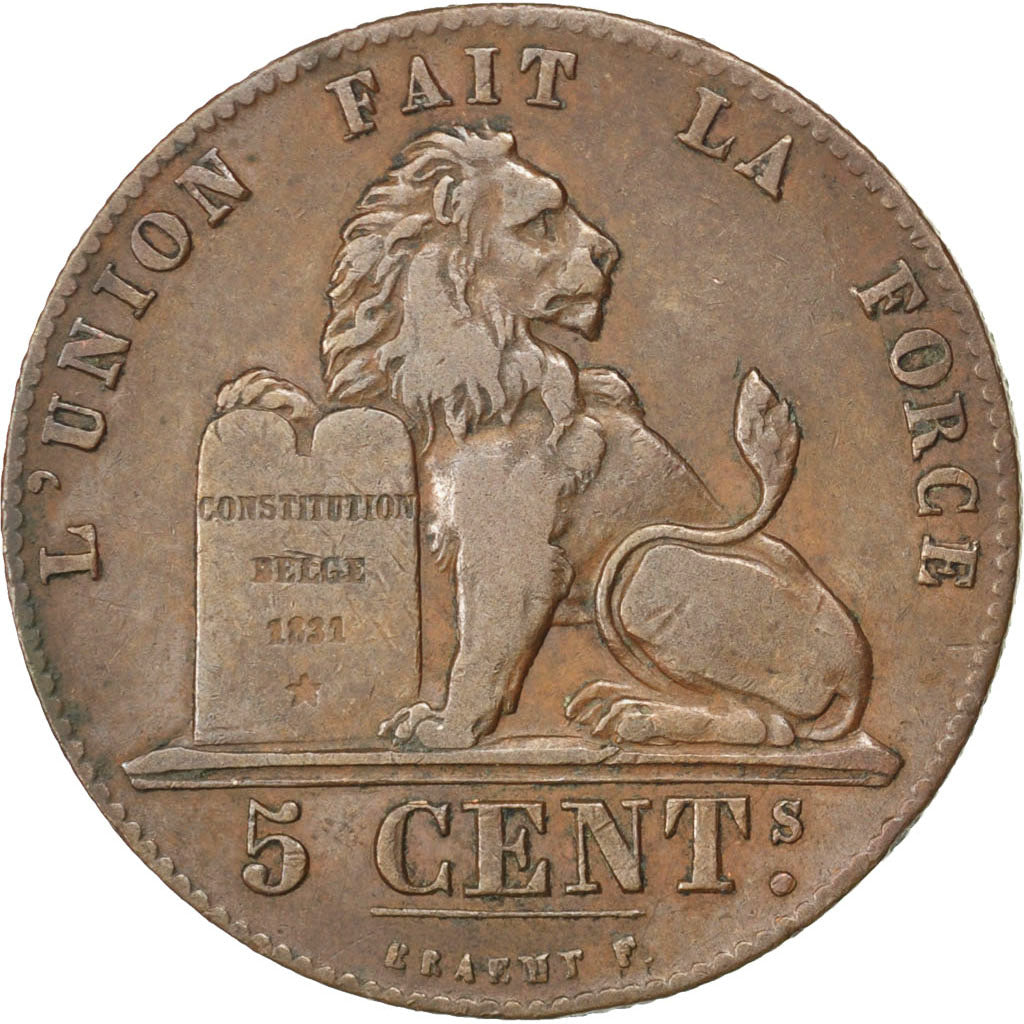 BELGIUM, 5 Centimes, 1856, KM #5.1, EF(40-45), Copper, 28.3, 10.01