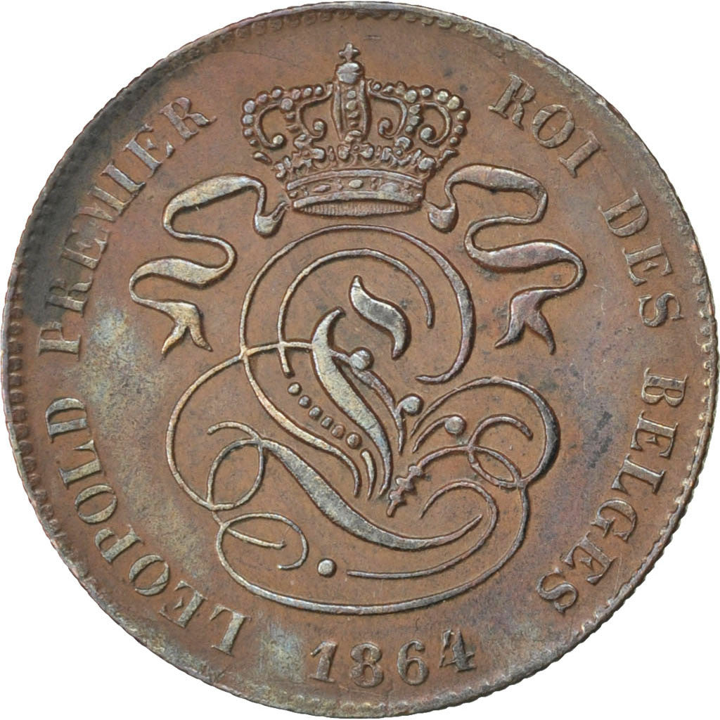 BELGIUM, 2 Centimes, 1864, KM #4.2, AU(50-53), Copper, 3.92