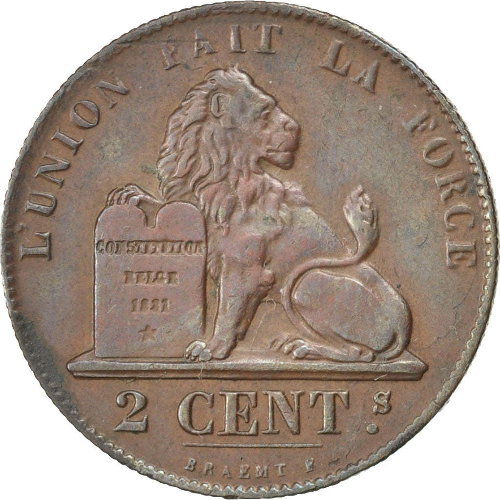 BELGIUM, 2 Centimes, 1864, KM #4.2, AU(50-53), Copper, 3.92