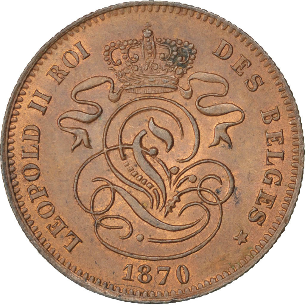 BELGIUM, 2 Centimes, 1870, KM #35.1, AU(55-58), Copper, 21.5, 4.13