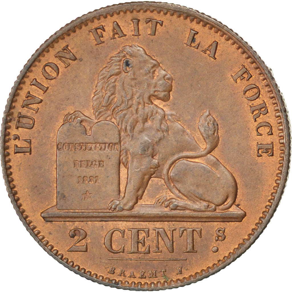 BELGIUM, 2 Centimes, 1870, KM #35.1, AU(55-58), Copper, 21.5, 4.13