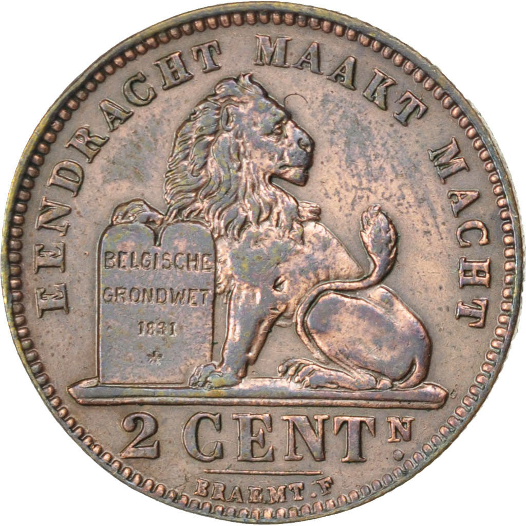 BELGIUM, 2 Centimes, 1909, KM #36, AU(50-53), Copper, 21.5, 3.98