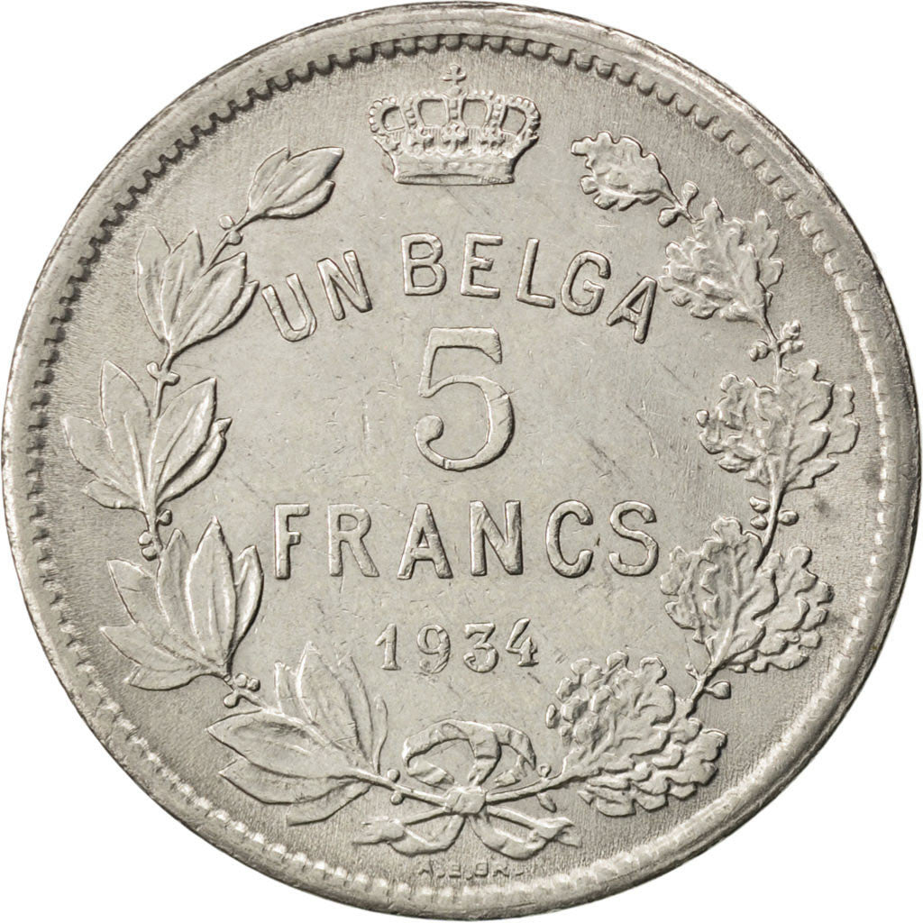 Coin, Belgium, 5 Francs, 5 Frank, 1934, AU(50-53), Nickel, KM:97.1